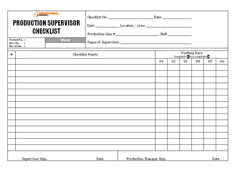 Before commencing operations check m t w t f s s Production Supervisor Checklist Format