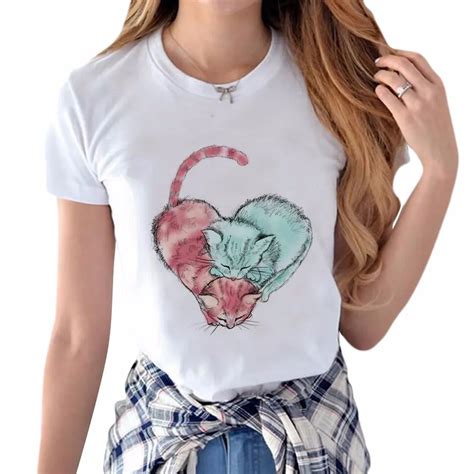 Buy New Arrival T Shirt Women Cute Cat Heart Design Ladies T Shirts Harajuku