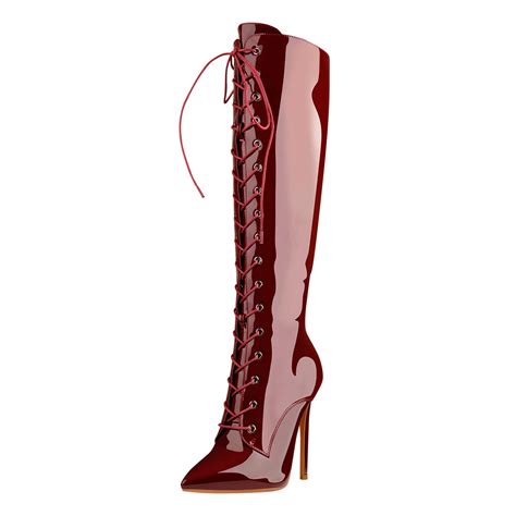 Red Patent Leather Lace Up Pointed Toe Knee High Boots Onlymaker