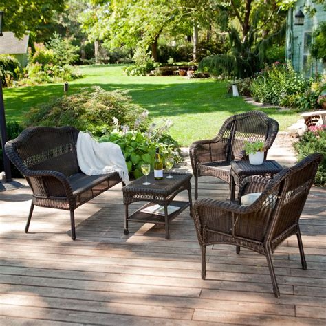 Outside patio furniture sets often come with five or more pieces — complete with outdoor chaise lounges, chairs, tables and sometimes patio umbrellas — so they can fill up your space in a fairly inexpensive way. Outdoor Patio Furniture Resin Wicker Conversation Set-in Garden Sofas from Furniture on ...