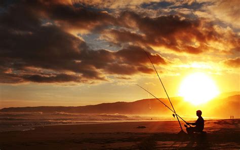 Free Download Man Fishing On Beach In Sunset Hd Wallpaper Wallpaper