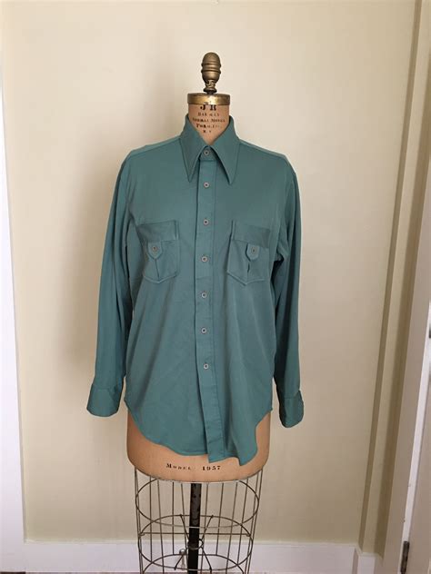 Vintage Mens Green Polyester Button Down Shirt Collared Etsy Disco