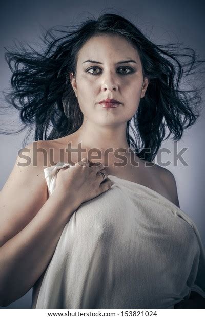 Emotion Nude Brunette Woman White Cloth Stock Photo