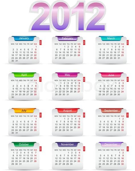 Set 12 Monate Kalender 2012 Vector Stock Vektor Colourbox