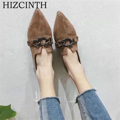 Hizcinth 2018 Spring Shoes Woman Suede Pointed Toe Metal Chain Flats