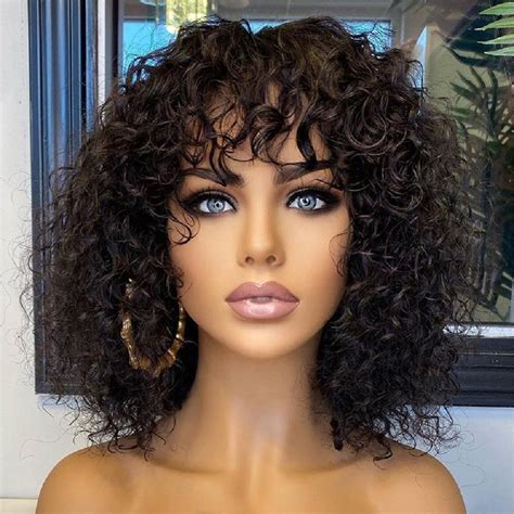 8 Curly Fringe Wig With Bangs 180 Density Brazilian Etsy