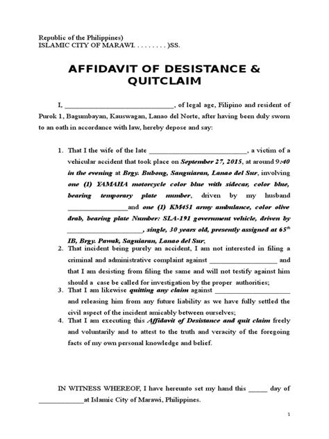 Sample Affidavit Of Desistance And Quitclaim Pdf Affidavit Civil