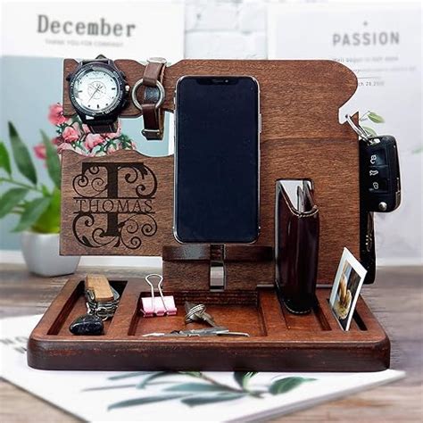 Personalized Wooden Docking Station For Husband Phone Holder For Desk