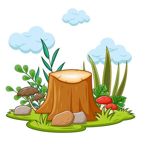 Tree Stump Cartoon With Fresh Green Grass And Plant Isolated On White