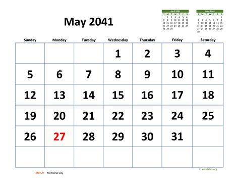 May 2041 Calendar With Extra Large Dates