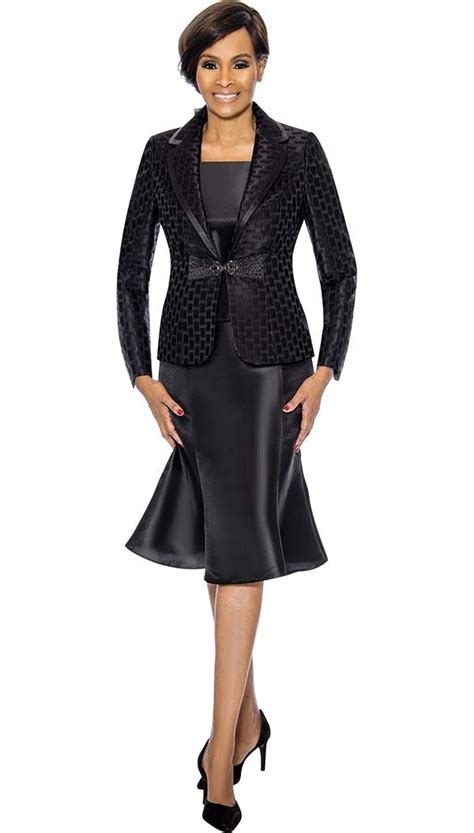 Terramina 7734 Black Flared Skirt Set With Grid Pattern Rounded Notch Lapel Jacket Womens