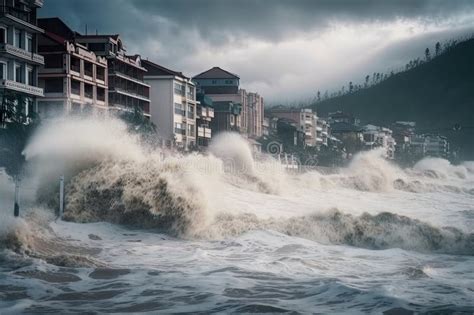 Tsunami Waves Crashing Into Coastal City Flooding Buildings And