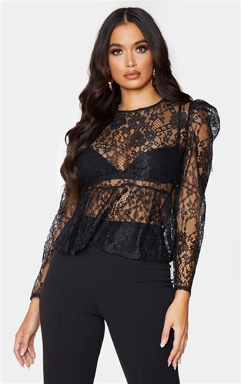 Black Sheer Lace Puff Sleeve Blouse Tops Prettylittlething Usa