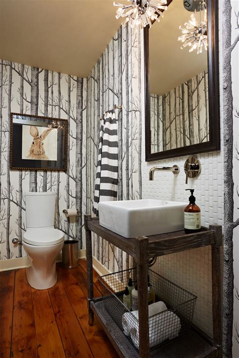 Stylish Black And White Bathroom Features Tree Print Wallpaper Hgtv