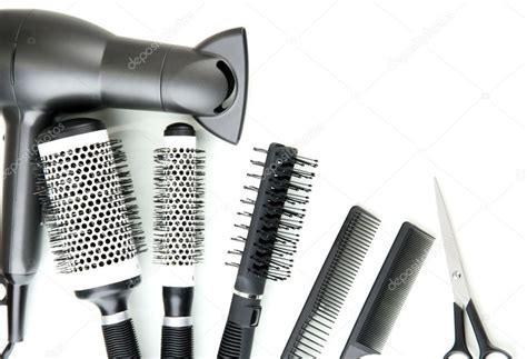 Comb Brushes Hairdryer And Cutting Shears Isolated On White ⬇ Stock