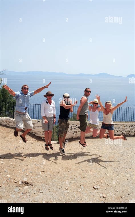 Greece Northern Sporades Skopelos Island Tourists Posing At Agios