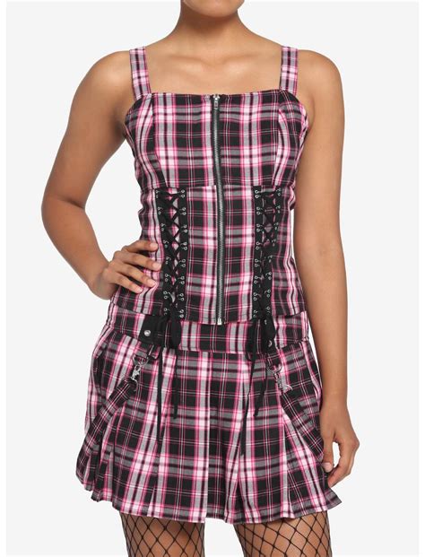Black And Pink Plaid Lace Up Corset Top Hot Topic