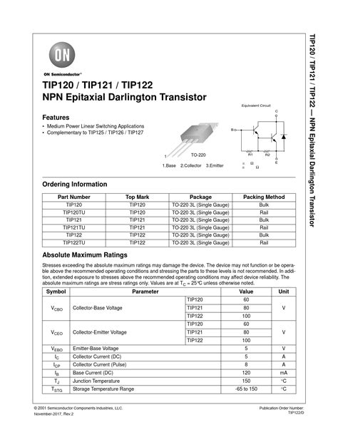 Datasheet Tip120 Tip121 Tip122 On Semiconductor Revision 2