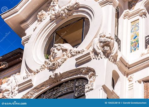 View Of The Facade Of A Historic Building Madrid Spain Close Up
