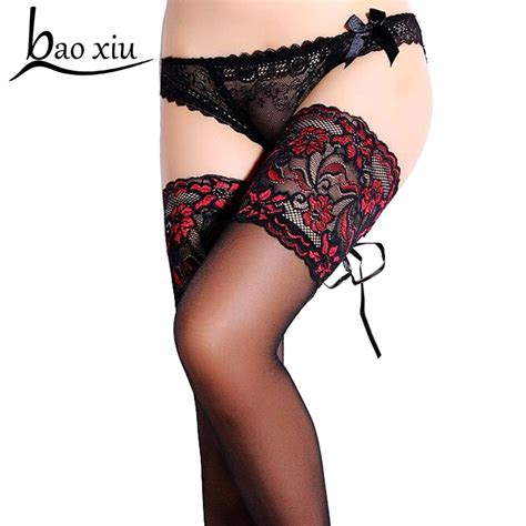 Punk Maid Sexy Cuban Heel Back Seam Stockings Wide Lace Up Hold Up Silicone Floral Top Thigh