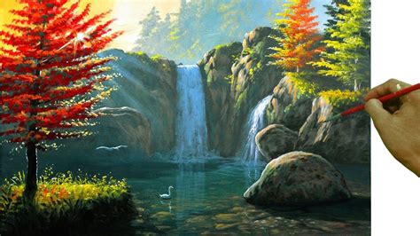 Landscape Painting Tutorial On How To Paint Autumn Waterfalls In