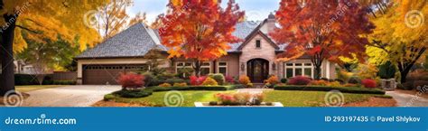 Beautiful Suburban Home Residential Neighborhood Autumn Season Day Blue