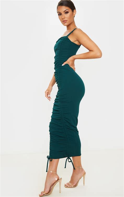 Emerald Green Strappy Ruched Midi Dress Prettylittlething Ca