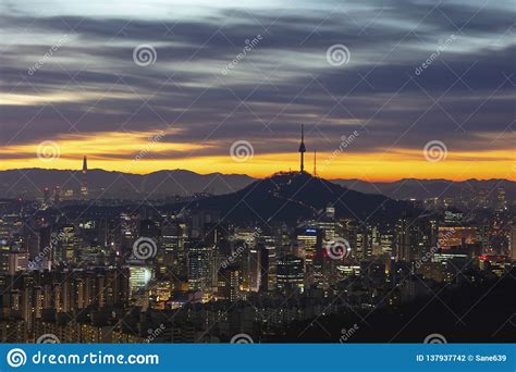 Sunrise Of Seoul City Namsan Seoul Tower In South Korea Stock Photo