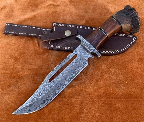 Handmade Damascus Hunting 1200″ Bowie Style Knife With Stag Crown Rose