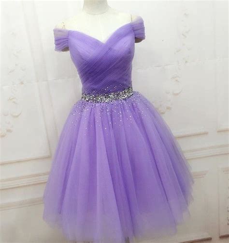 Elegant Purple Tulle Beaded Homecoming Dress Off Shoulder Short Prom Dresses Purple Homecoming