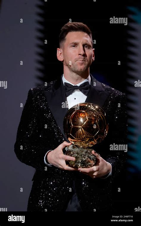 Paris France 29th Nov 2021 Lionel Messi Poses With The Trophy Of