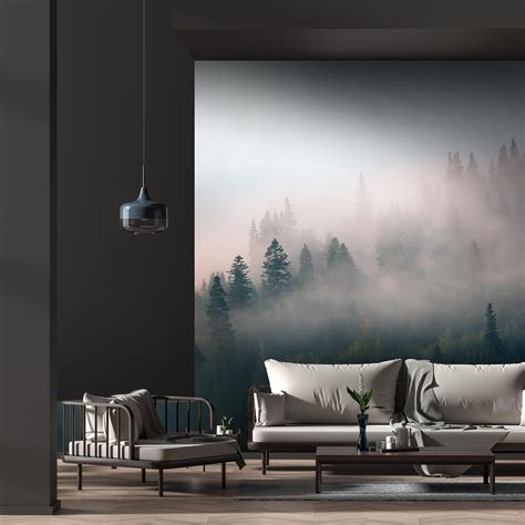 Misty Forest Wall Mural Mountain Forest Morning Mist Etsy