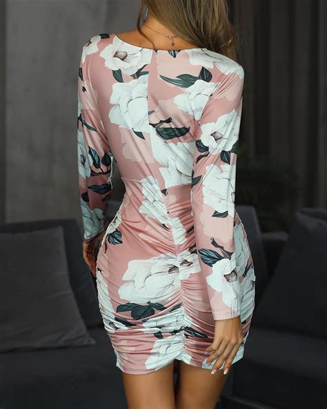 Floral Print Long Sleeve Ruched Bodycon Dress In 2020 Ruched Bodycon Dress Bodycon Floral