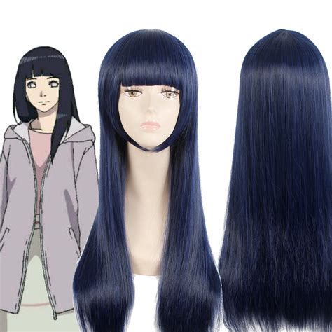 Naruto Hyūga Hinata Cosplay Wig Dark Blue Straight Long Hair Bangs Full