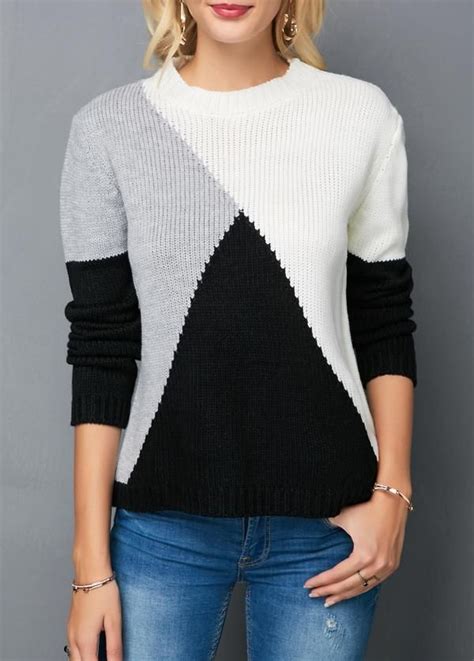 Round Neck Long Sleeve Color Block Knitting Sweater Trend Way Dress