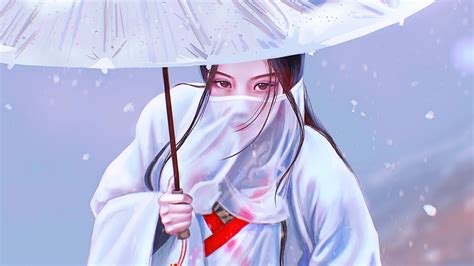 Asian Girl Face Covered Umbrella Digital Art Wallpaperhd Artist