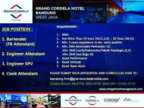 Above all these, our friendly staffs will serve you whole heartedly to make sure your stay is. Lowongan Kerja Hotel Grand Cordela Bandung 2020 Kirim Via Email - Loker Karir