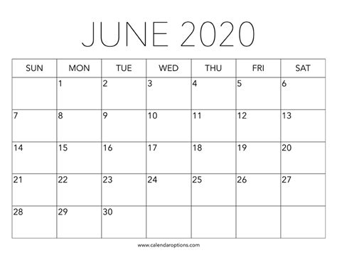 Editable Calendar June 2020 Template Printable Calend