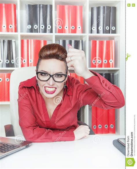 Angry Business Woman Shaking Big Fist In Office Stock Image Image Of