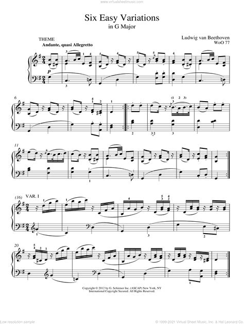 Beethoven Six Variations In G Major Woo 77 Sheet Music For Piano Solo