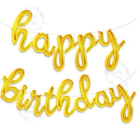 Gold Happy Birthday Balloons Banner Scriptcursive Gold Letter