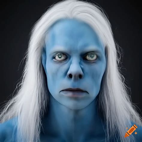 Realistic Photo Of A Blue Skinned Humanoid Alien Man With Wavy White