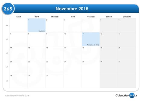 Calendrier Novembre 2016