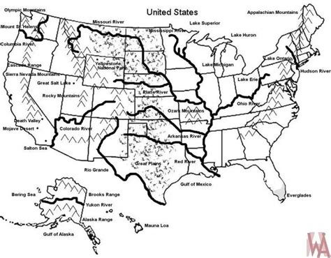 Blank Outline Map Of The Usa With Major Rivers And Mountain