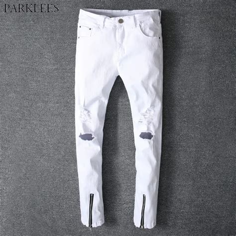 Summer New White Ripped Jeans Men Fashion Holes Bottom Zipper Skinny Jeans Homme Casual