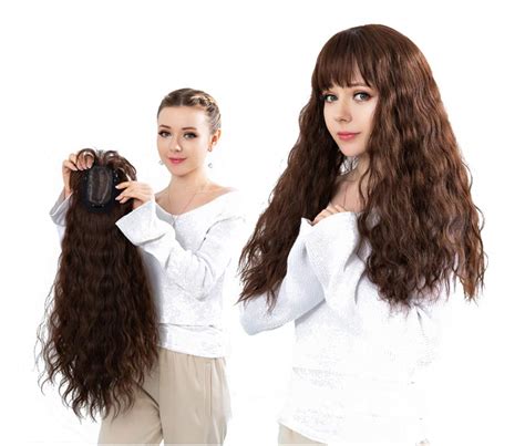 236 Long Natural Curly Crown Topper Hairpieces With Bangs Clip On