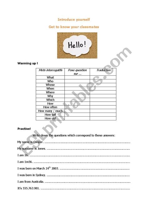 Introduce Yourself And Your Classmates Esl Worksheet By Vanryssel