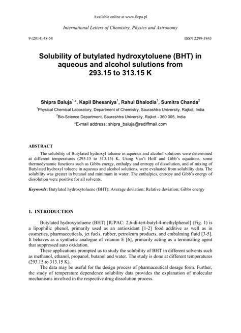 Solubility Of Butylated Hydroxytoluene Bht In Aqueous And Alcohol