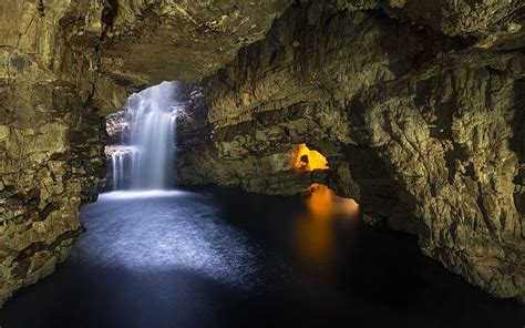 Photo Of Brown Cave Cave Waterfall Scotland Sunlight Hd Wallpaper