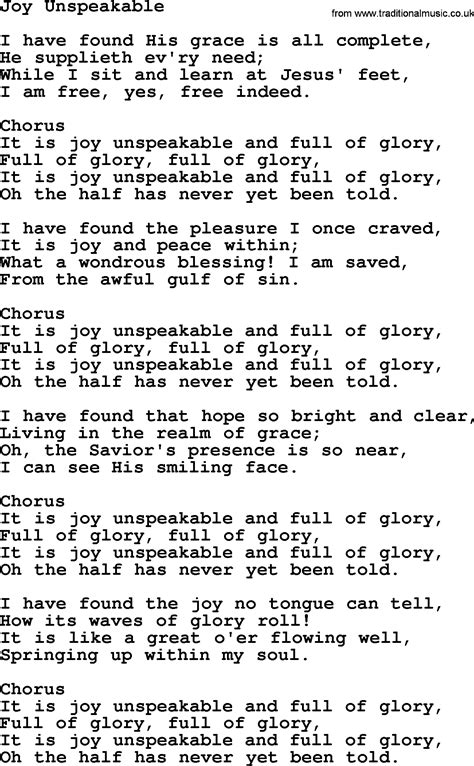Baptist Hymnal, Christian Song: Joy Unspeakable- lyrics with PDF for printing